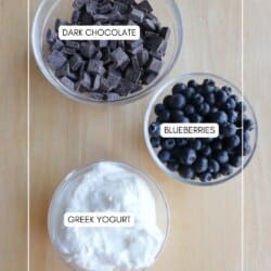 Three bowls on a wooden surface contain ingredients labeled: Dark Chocolate with chocolate chunks, Blueberries with whole blueberries, and Greek Yogurt with creamy yogurt. The image source is homemadewheather.com.