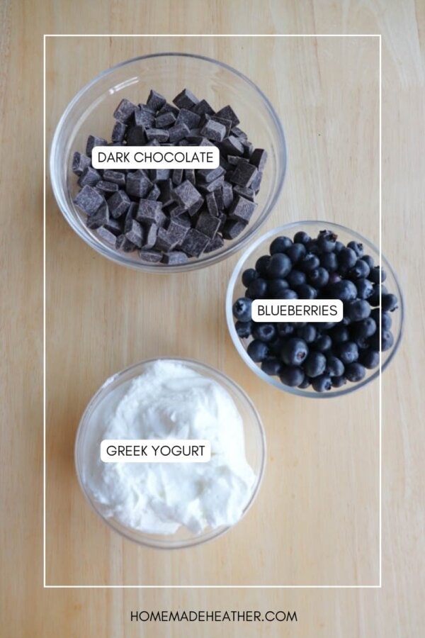 Three bowls on a wooden surface contain ingredients labeled: Dark Chocolate with chocolate chunks, Blueberries with whole blueberries, and Greek Yogurt with creamy yogurt. The image source is homemadewheather.com.