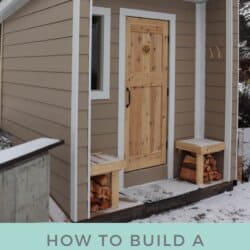 A small wood fire sauna with a light brown exterior and a wooden door invites warmth. Neatly stacked firewood flanks the entrance, while snow carpets the ground and trees stand nearby. Text overlay reads, DIY: How to build a wood fire sauna.