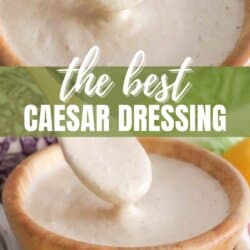 A wooden bowl brimming with the best Caesar salad dressing awaits. A spoon elegantly drizzles the rich, creamy sauce, while bold text proclaims the best Caesar dressing and directs you to homemadeheather.com.