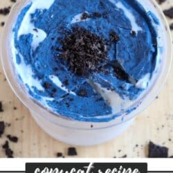 A cup of ice cream topped with blue and white swirls and crumbled chocolate cookies. Text overlay reads Copycat Recipe: DQ Crunchin Cookie with a website URL at the bottom. Cookie pieces are scattered around.