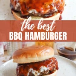 Close-up of a BBQ hamburger dripping with sauce and melted cheese on a bun, placed on a white plate. Text overlay reads The Best BBQ Hamburger above the burger and homemadeheather.com below. A jar of sauce is in the background.