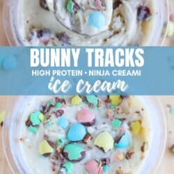 Close-up of a spoon lifting a scoop of Bunny Tracks ice cream from a bowl. Bunny Tracks ice cream is topped with colorful candy-coated chocolates and sprinkles. Text overlay: Bunny Tracks: High Protein Ninja Creami Ice Cream and homemadeheather.com.