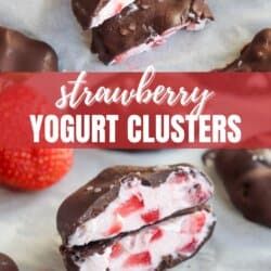 Close-up of strawberry yogurt clusters coated in chocolate placed on parchment paper. A cluster is broken in half, revealing the strawberry and yogurt filling. Fresh strawberries are nearby. Text overlay reads Strawberry Yogurt Clusters and homemadeheather.com.