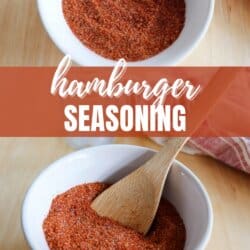 Two bowls of homemade hamburger seasoning with a wooden spoon on a wooden surface. The text hamburger seasoning and homemadeheather.com is overlaid on the image, featuring a blend of spices with a reddish hue.