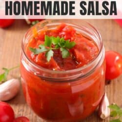 A jar of homemade salsa topped with parsley sits on a wooden surface surrounded by fresh tomatoes, garlic cloves, and cilantro. The text reads How to Can Homemade Salsa. At the bottom, the website homemadeheather.com is displayed.