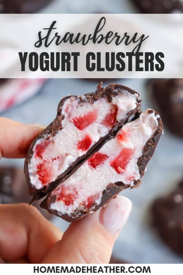 Close-up of a hand holding a halved strawberry yogurt cluster coated in chocolate. The creamy yogurt is speckled with pieces of strawberry. Text at the top reads Strawberry Yogurt Clusters and homemadeheather.com at the bottom.
