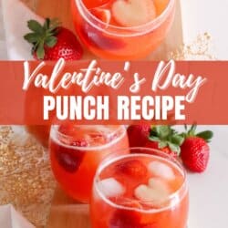 Two glasses of Valentines Day punch with heart-shaped ice cubes, strawberries, and orange slices. Fresh strawberries are placed beside the glasses. Text overlay reads Valentines Day Punch Recipe and homemadeheather.com.