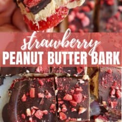 Close-up of a persons hand holding a piece of strawberry peanut butter bark. The bark features a layer of chocolate and crushed strawberries. The background shows additional pieces. Text overlay reads Strawberry Peanut Butter Bark and homemadeheather.com.