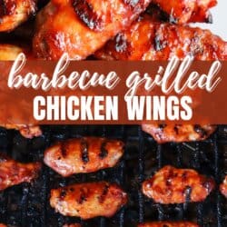 Close-up of barbecue grilled chicken wings on a grill. The wings are coated with a glossy, red sauce and have char marks. Text overlay reads barbecue grilled chicken wings and a website URL is at the bottom.