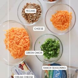 Ingredients for a bacon ranch cheese ball recipe are displayed on a light surface: chopped bacon, pecans, shredded cheese, chopped green onion, a ranch seasoning packet, and two blocks of cream cheese, each neatly placed in separate bowls or packages.