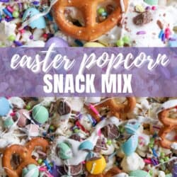 Close-up of a white chocolate Easter popcorn snack mix with pretzels, colorful chocolate candies, and white drizzle. Sprinkles add a festive touch. The text reads Easter popcorn snack mix with the website name homemadeheather.com at the bottom.