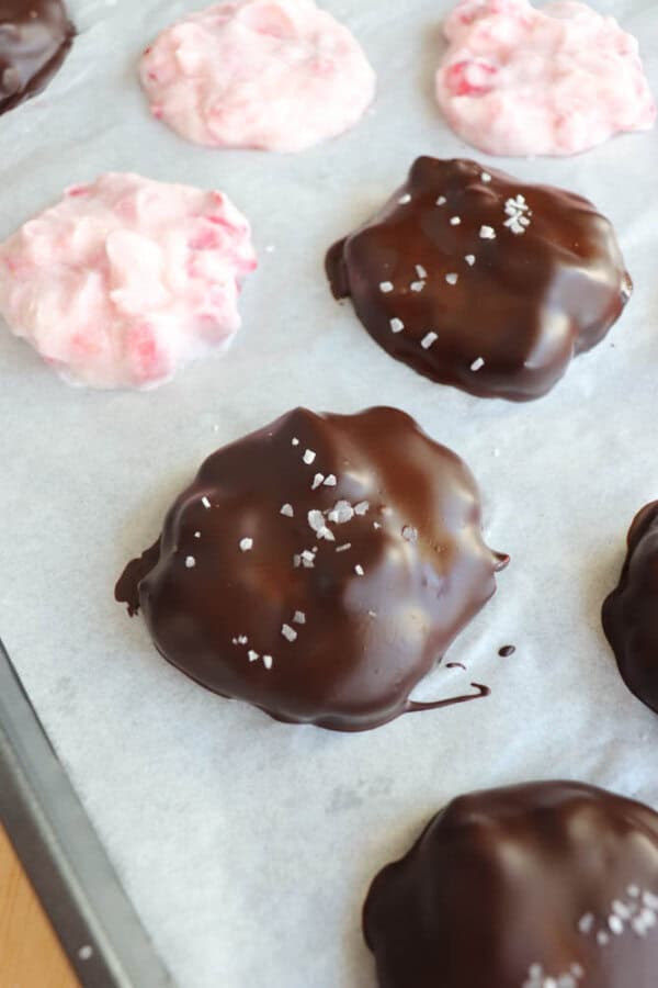 Chocolate-covered treats sprinkled with sea salt sit on parchment paper. Behind them are pink, fluffy confections.