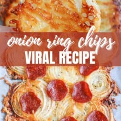 Close-up of crispy onion ring chips topped with cheese, pepperoni, and seasoning on parchment paper. Text overlay reads, onion ring chips viral recipe and homemadeheather.com.