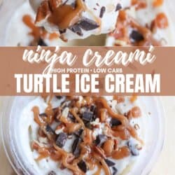 Close-up of turtle ice cream topped with caramel drizzle, chocolate chunks, and pecans. Text overlay reads: Ninja Creami Turtle Ice Cream, High Protein, Low Carb, with a website URL at the bottom.