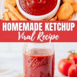 Top image of a bowl of homemade ketchup surrounded by chicken strips. Bottom image shows a jar of homemade ketchup with tomatoes in the background. Text in the center reads, Homemade Ketchup Viral Recipe. Website URL at the bottom.