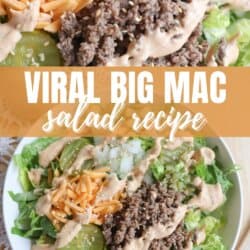 A bowl of salad featuring ground beef, shredded cheese, pickles, onions, and drizzled with a creamy dressing. Text overlay says Viral Big Mac Salad Recipe. The website homemadeheather.com is at the bottom.