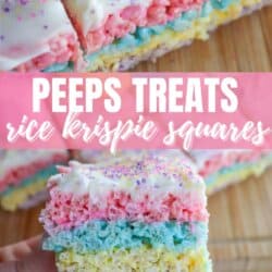 A hand holds a colorful layered rice krispie treat with pink, blue, and yellow layers topped with sprinkles. The background shows more treats arranged in rows. Text reads Peeps Treats Rice Krispie Squares and homemadeheather.com.