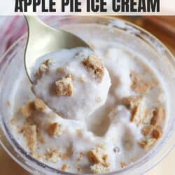 Spoonful of apple pie ice cream topped with crumbled pieces, held over a container. The label reads ninja creami recipe, high protein, cottage cheese, apple pie ice cream. The bottom has the URL homemadeheather.com.