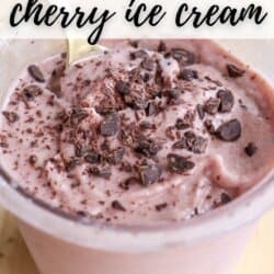 A close-up of chocolate chip cherry ice cream in a clear cup, topped with chocolate chunks. A spoon is placed in the ice cream. Text on the image reads Chocolate Chip Cherry Ice Cream and homemadeheather.com.