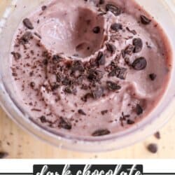 Top view of dark chocolate cherry ice cream in a bowl, sprinkled with chocolate chunks. The ice cream is swirled, showing its creamy texture. Text on the image reads dark chocolate CHERRY ICE CREAM homemadHeather.com.