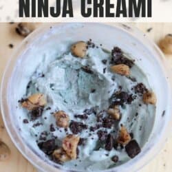 A bowl of Cookie Monster ice cream made with the Ninja Creami, featuring blue ice cream mixed with chocolate chunks and cookie pieces. The background has scattered cookie bits. Text on top reads Cookie Monster Ninja Creami.