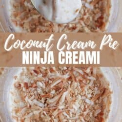 Close-up of coconut cream pie ice cream in a container, topped with shredded coconut and crumbled pie crust. A spoon holding a scoop is visible at the top. Text reads: Coconut Cream Pie Ninja Creami and homemadeheather.com.