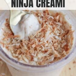 A close-up shot of coconut cream pie ice cream in a container. A spoon is scooping some ice cream, topped with toasted coconut flakes. The text reads Coconut Cream Pie Ninja Creami and homemadeheather.com at the bottom.