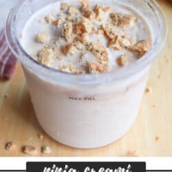A bowl of apple pie ice cream topped with crumbled pie crust. The container is labeled MAX FILL. A red and white cloth and an apple are partially visible in the background. The text reads, ninja creami APPLE PIE ICE CREAM homemadeheather.com.