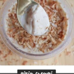 A spoon dipped into a creamy coconut dessert topped with toasted coconut flakes. The text reads ninja creami and Coconut Cream Pie at the bottom, with homemadeheather.com below.