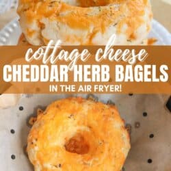 Two golden-brown bagels topped with melted cheddar and herbs are displayed on a plate and parchment. Text overlay reads, Cottage Cheese Cheddar Herb Bagels in the Air Fryer! and features the website homemadeheather.com.