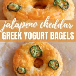 Close-up of a jalapeno cheddar Greek yogurt bagel topped with melted cheese and jalapeno slices on parchment paper. Text reads Jalapeno Cheddar Greek Yogurt Bagels with a website link.
