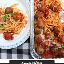 A foil tray filled with spaghetti, meatballs, and tomato sauce. A portion is served on a white plate with a blue floral edge, all placed on a black and white checkered tablecloth. Text at the bottom reads Camping Spaghetti Bake homemadeheather.com.