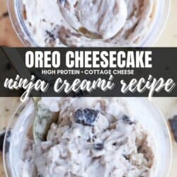 Close-up of Oreo cheesecake mixture with a spoon scooping some out. Text reads: OREO CHEESECAKE, High Protein โข Cottage Cheese, Ninja Creami Recipe and homemadeheather.com. Try it with a twist of blueberry cheesecake ice cream for a burst of fruity delight!.