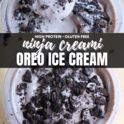 A spoonful of Oreo ice cream with crushed cookies is shown in a close-up view. The text reads, High Protein • Gluten Free Ninja Creami Oreo Ice Cream. A website URL is also displayed.