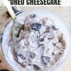 A bowl of Oreo cheesecake ice cream made with cottage cheese is shown. A gold spoon dips into the creamy dessert, crowned with Oreo chunks. Text on the image reads: High Protein ยท Cottage Cheese Ninja Creami Recipe. For a twist, try substituting blueberries for a blueberry cheesecake ice cream sensation.