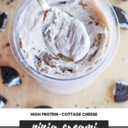 A spoon hovers over a container of Oreo cheesecake made with cottage cheese and chunky cookie pieces. Text highlights High Protein โข Cottage Cheese, ninja creami, and Oreo Cheesecake. For a twist, try blueberry cheesecake ice cream at homemadeheather.com.