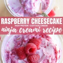 A creamy raspberry cheesecake dessert in a bowl, topped with fresh raspberries and hints of blueberry cheesecake ice cream flavor. A spoon with some of the dessert hovers above the bowl. The text reads, Raspberry Cheesecake Ninja Creami Recipe with the website homemadeheather.com.
