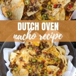 A close-up of Dutch oven nachos topped with melted cheese, ground beef, jalapeรฑo slices, and diced red peppers. Text overlay reads Dutch Oven Nacho Recipe with the website homemadeheather.com below.