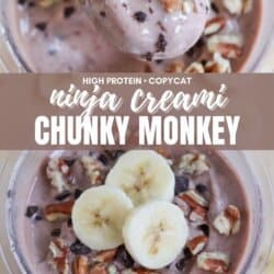 Close-up of a creamy dessert labeled Ninja Creami Chunky Monkey. The top image shows a spoonful with nuts. The bottom image features the dessert topped with banana slices, pecans, and chocolate chips. Text at the bottom reads homemadeheather.com.