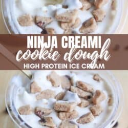 Close-up of a cup of vanilla ice cream topped with cookie dough pieces. Text overlay reads Ninja Creami Cookie Dough High Protein Ice Cream. The image links to homemadetheather.com.