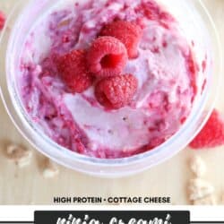 A bowl of creamy raspberry cheesecake topped with fresh raspberries and reminiscent of a delightful blueberry cheesecake ice cream. The dessert is crafted with cottage cheese for high protein content. Text reads Ninja Creami Raspberry Cheesecake, with a website link homemadeheather.com below.