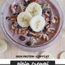 A bowl of chocolate-flavored ice cream topped with banana slices, pecans, and chocolate chips. The text reads High Protein โข Copycat Ninja Creami Chunky Monkey with a website link to homemadeheather.com.