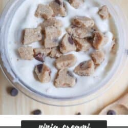 A bowl of high-protein cookie dough ice cream with chocolate chip cookie dough chunks on top. The text at the bottom reads ninja creami HIGH PROTEIN COOKIE DOUGH ICE CREAM homemadeheather.com.