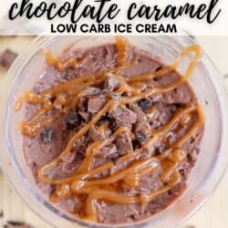 A glass bowl of low-carb chocolate ice cream topped with caramel drizzle and chocolate chunks. Text above reads Ninja Creami Chocolate Caramel Low Carb Ice Cream. Website homemadeheather.com is at the bottom.