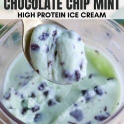 A spoon holds a scoop of mint chocolate chip ice cream above a bowl. Text on the image reads, Ninja Creami Chocolate Chip Mint High Protein Ice Cream and homemadeheather.com. The ice cream is light green with dark chocolate chunks.