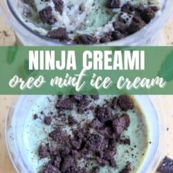 Two bowls of mint Oreo ice cream topped with crushed Oreos. One bowl has a spoon scooping the ice cream. The text overlay reads, Ninja Creami Oreo Mint Ice Cream. Website URL at the bottom.