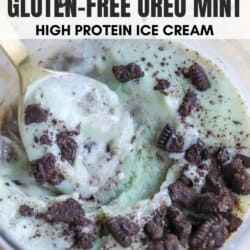 A bowl of high protein ice cream with a mint flavor, topped with crumbled gluten-free Oreo cookies. A spoon is in the bowl. Text at the top reads: ninja creami GLUTEN-FREE OREO MINT HIGH PROTEIN ICE CREAM and HOMEMADEHEATHER.COM at the bottom.