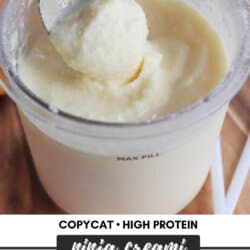 A close-up of a spoon scooping a creamy, light-colored mixture from a container labeled Max Fill. The text below reads: Copycat Orange Julius recipe with high protein Ninja Creami. Discover it at HomemadeHeather.com.