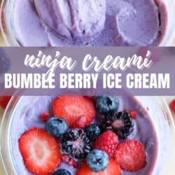 Top image shows a spoonful of creamy purple ice cream. Bottom image displays two bowls of purple ice cream topped with sliced strawberries, blueberries, blackberries, and raspberries. Text reads ninja creami bumble berry ice cream and homemadeheather.com.